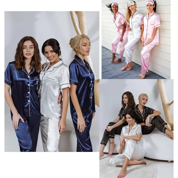 SWOMOG Womens 4 Piece Pajamas Satin Silk Shirts Cami Tops With Ruffle Shorts Long Pj Pants Soft Sleepwear Summer LoungewearNavy Blue