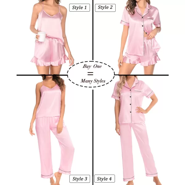 SWOMOG Womens 4 Piece Pajamas Satin Silk Shirts Cami Tops With Ruffle Shorts Long Pj Pants Soft Sleepwear Summer LoungewearPink