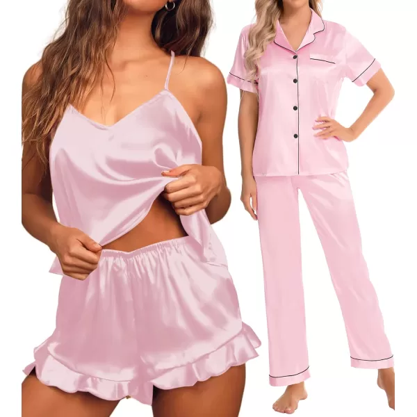 SWOMOG Womens 4 Piece Pajamas Satin Silk Shirts Cami Tops With Ruffle Shorts Long Pj Pants Soft Sleepwear Summer LoungewearPink