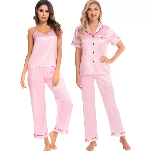 SWOMOG Womens 4 Piece Pajamas Satin Silk Shirts Cami Tops With Ruffle Shorts Long Pj Pants Soft Sleepwear Summer LoungewearPink