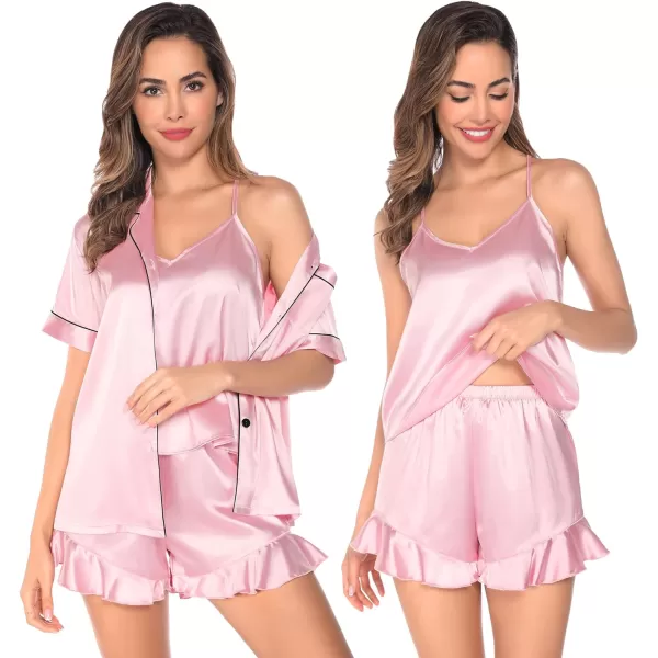 SWOMOG Womens 4 Piece Pajamas Satin Silk Shirts Cami Tops With Ruffle Shorts Long Pj Pants Soft Sleepwear Summer LoungewearPink