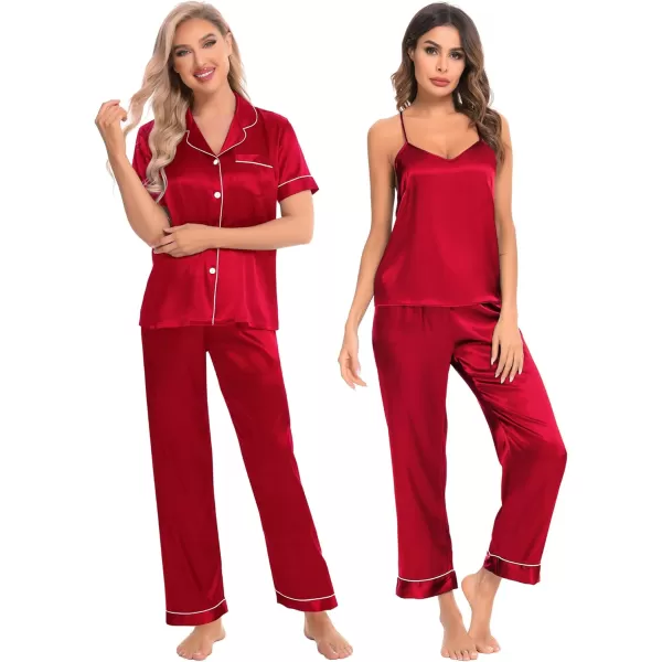 SWOMOG Womens 4 Piece Pajamas Satin Silk Shirts Cami Tops With Ruffle Shorts Long Pj Pants Soft Sleepwear Summer LoungewearRed