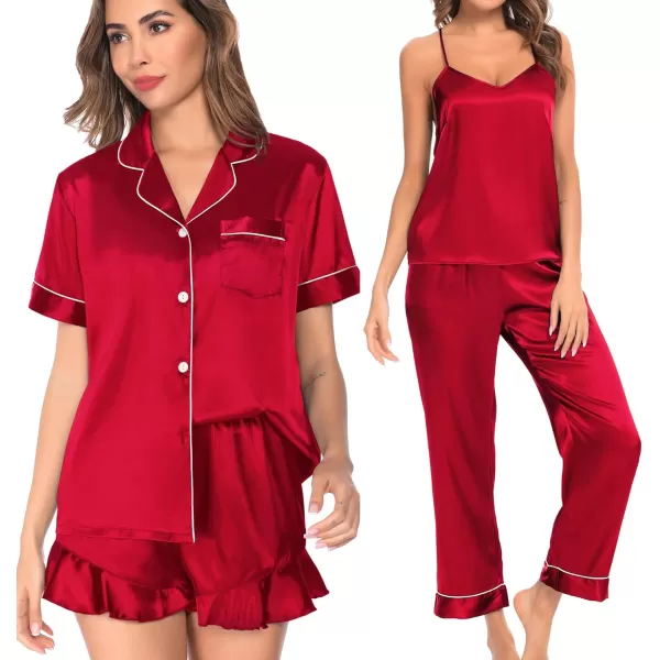 SWOMOG Womens 4 Piece Pajamas Satin Silk Shirts Cami Tops With Ruffle Shorts Long Pj Pants Soft Sleepwear Summer LoungewearRed