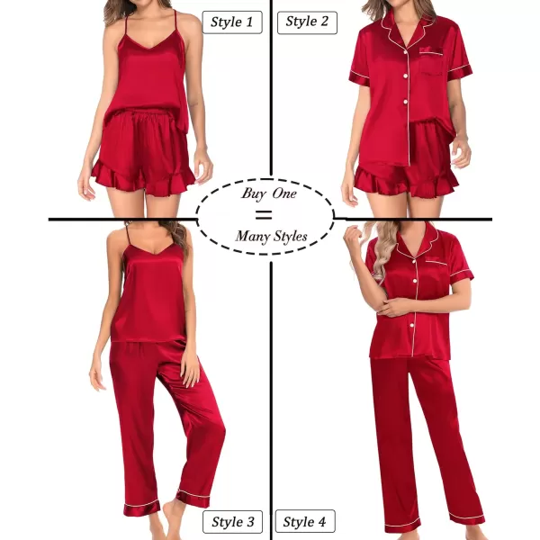 SWOMOG Womens 4 Piece Pajamas Satin Silk Shirts Cami Tops With Ruffle Shorts Long Pj Pants Soft Sleepwear Summer LoungewearRed