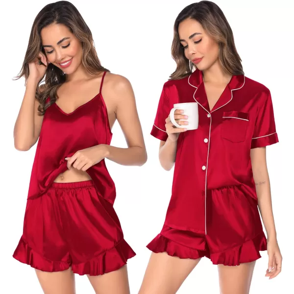 SWOMOG Womens 4 Piece Pajamas Satin Silk Shirts Cami Tops With Ruffle Shorts Long Pj Pants Soft Sleepwear Summer LoungewearRed