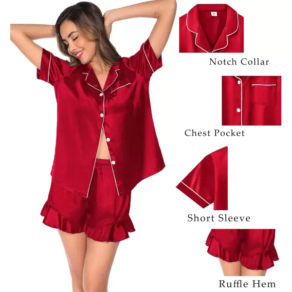 SWOMOG Womens 4 Piece Pajamas Satin Silk Shirts Cami Tops With Ruffle Shorts Long Pj Pants Soft Sleepwear Summer LoungewearRed