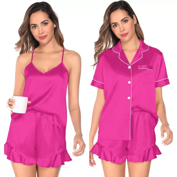 SWOMOG Womens 4 Piece Pajamas Satin Silk Shirts Cami Tops With Ruffle Shorts Long Pj Pants Soft Sleepwear Summer LoungewearRose Red