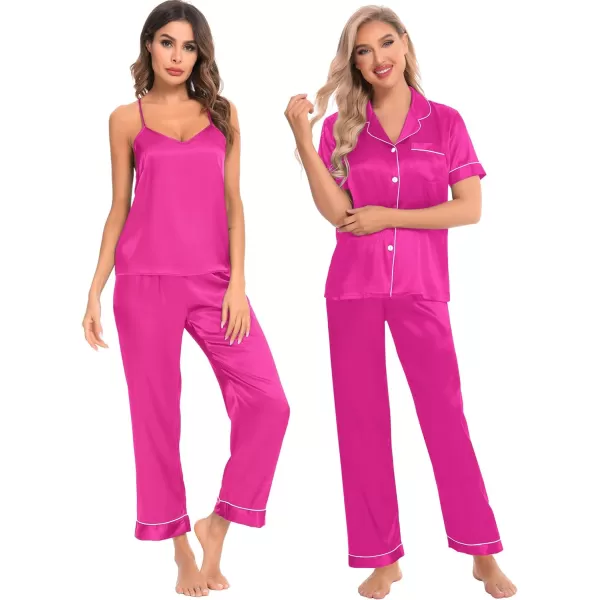 SWOMOG Womens 4 Piece Pajamas Satin Silk Shirts Cami Tops With Ruffle Shorts Long Pj Pants Soft Sleepwear Summer LoungewearRose Red