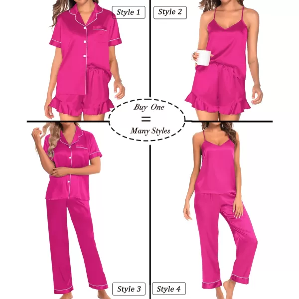 SWOMOG Womens 4 Piece Pajamas Satin Silk Shirts Cami Tops With Ruffle Shorts Long Pj Pants Soft Sleepwear Summer LoungewearRose Red