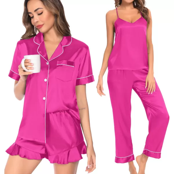 SWOMOG Womens 4 Piece Pajamas Satin Silk Shirts Cami Tops With Ruffle Shorts Long Pj Pants Soft Sleepwear Summer LoungewearRose Red