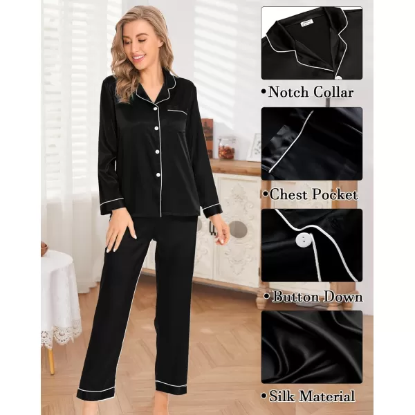 SWOMOG Womens 4pcs Pajama Set Silk Satin Sleepwear Button Down Long Sleeve Loungewear Sexy Cami Pjs NightwearBlack