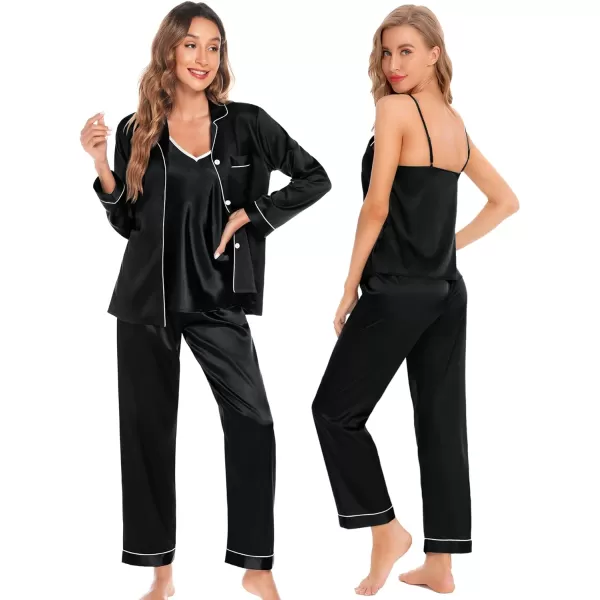 SWOMOG Womens 4pcs Pajama Set Silk Satin Sleepwear Button Down Long Sleeve Loungewear Sexy Cami Pjs NightwearBlack