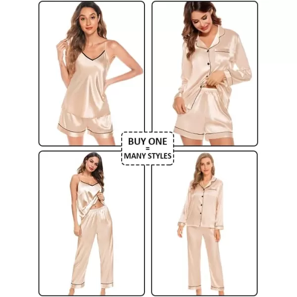 SWOMOG Womens 4pcs Pajama Set Silk Satin Sleepwear Button Down Long Sleeve Loungewear Sexy Cami Pjs NightwearChampagne