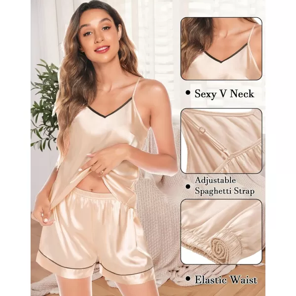 SWOMOG Womens 4pcs Pajama Set Silk Satin Sleepwear Button Down Long Sleeve Loungewear Sexy Cami Pjs NightwearChampagne