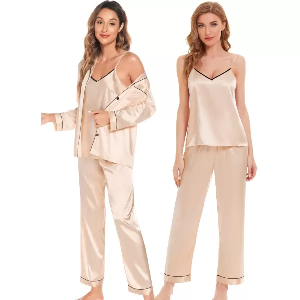 SWOMOG Womens 4pcs Pajama Set Silk Satin Sleepwear Button Down Long Sleeve Loungewear Sexy Cami Pjs NightwearChampagne