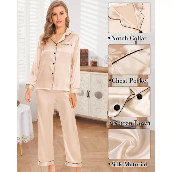 SWOMOG Womens 4pcs Pajama Set Silk Satin Sleepwear Button Down Long Sleeve Loungewear Sexy Cami Pjs NightwearChampagne