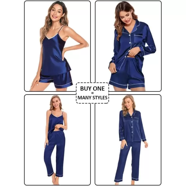 SWOMOG Womens 4pcs Pajama Set Silk Satin Sleepwear Button Down Long Sleeve Loungewear Sexy Cami Pjs NightwearNavy Blue