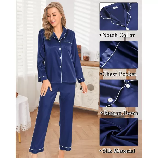 SWOMOG Womens 4pcs Pajama Set Silk Satin Sleepwear Button Down Long Sleeve Loungewear Sexy Cami Pjs NightwearNavy Blue