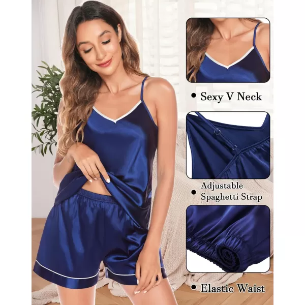 SWOMOG Womens 4pcs Pajama Set Silk Satin Sleepwear Button Down Long Sleeve Loungewear Sexy Cami Pjs NightwearNavy Blue