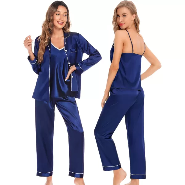 SWOMOG Womens 4pcs Pajama Set Silk Satin Sleepwear Button Down Long Sleeve Loungewear Sexy Cami Pjs NightwearNavy Blue