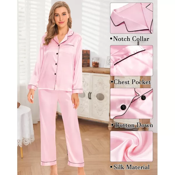 SWOMOG Womens 4pcs Pajama Set Silk Satin Sleepwear Button Down Long Sleeve Loungewear Sexy Cami Pjs NightwearPink