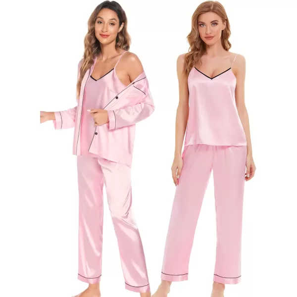 SWOMOG Womens 4pcs Pajama Set Silk Satin Sleepwear Button Down Long Sleeve Loungewear Sexy Cami Pjs NightwearPink