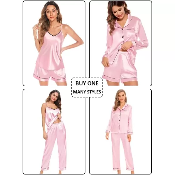 SWOMOG Womens 4pcs Pajama Set Silk Satin Sleepwear Button Down Long Sleeve Loungewear Sexy Cami Pjs NightwearPink