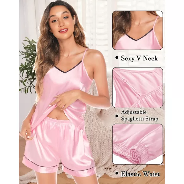 SWOMOG Womens 4pcs Pajama Set Silk Satin Sleepwear Button Down Long Sleeve Loungewear Sexy Cami Pjs NightwearPink