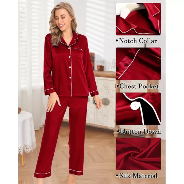 SWOMOG Womens 4pcs Pajama Set Silk Satin Sleepwear Button Down Long Sleeve Loungewear Sexy Cami Pjs NightwearRed