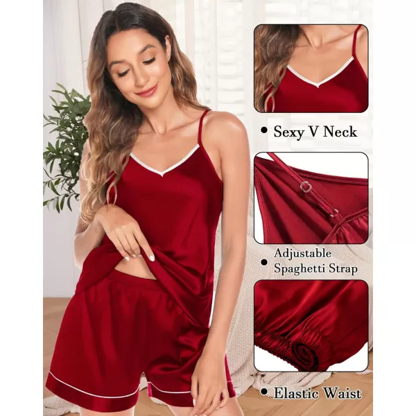 SWOMOG Womens 4pcs Pajama Set Silk Satin Sleepwear Button Down Long Sleeve Loungewear Sexy Cami Pjs NightwearRed