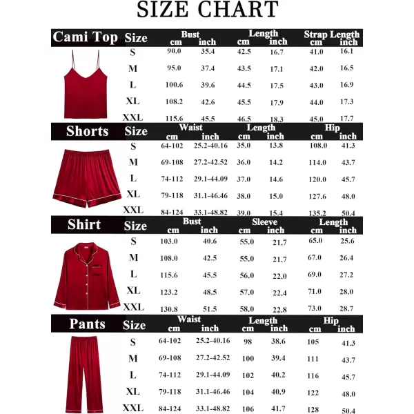 SWOMOG Womens 4pcs Pajama Set Silk Satin Sleepwear Button Down Long Sleeve Loungewear Sexy Cami Pjs NightwearRed