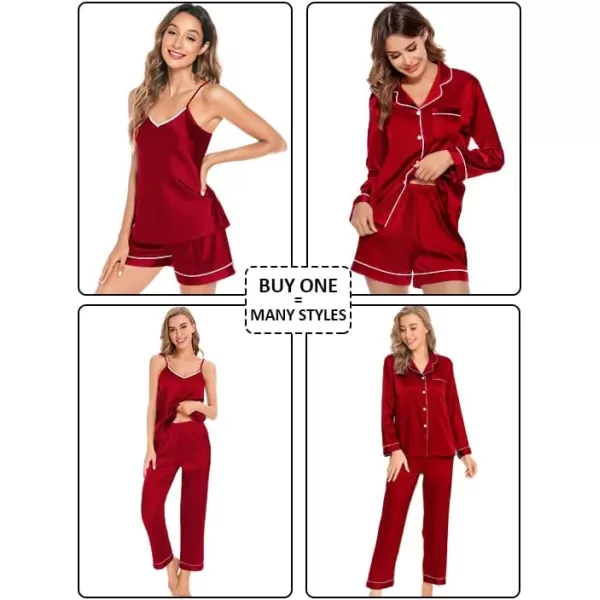 SWOMOG Womens 4pcs Pajama Set Silk Satin Sleepwear Button Down Long Sleeve Loungewear Sexy Cami Pjs NightwearRed