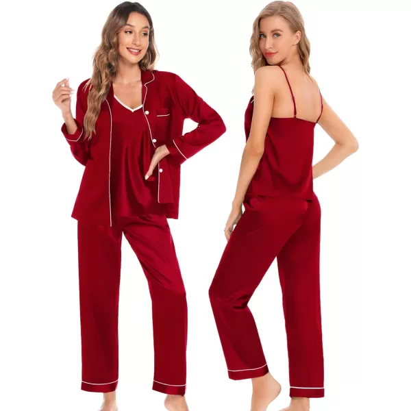 SWOMOG Womens 4pcs Pajama Set Silk Satin Sleepwear Button Down Long Sleeve Loungewear Sexy Cami Pjs NightwearRed