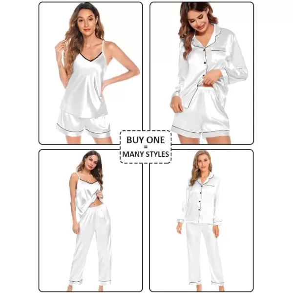 SWOMOG Womens 4pcs Pajama Set Silk Satin Sleepwear Button Down Long Sleeve Loungewear Sexy Cami Pjs NightwearWhite