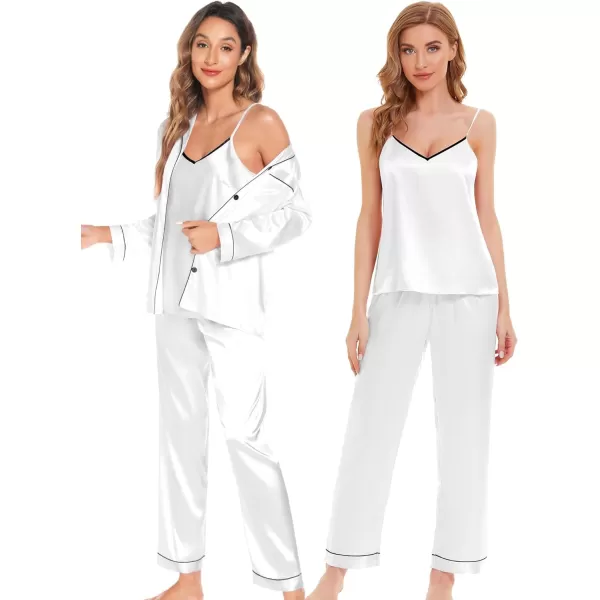 SWOMOG Womens 4pcs Pajama Set Silk Satin Sleepwear Button Down Long Sleeve Loungewear Sexy Cami Pjs NightwearWhite