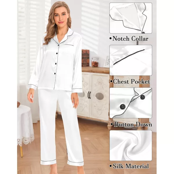 SWOMOG Womens 4pcs Pajama Set Silk Satin Sleepwear Button Down Long Sleeve Loungewear Sexy Cami Pjs NightwearWhite