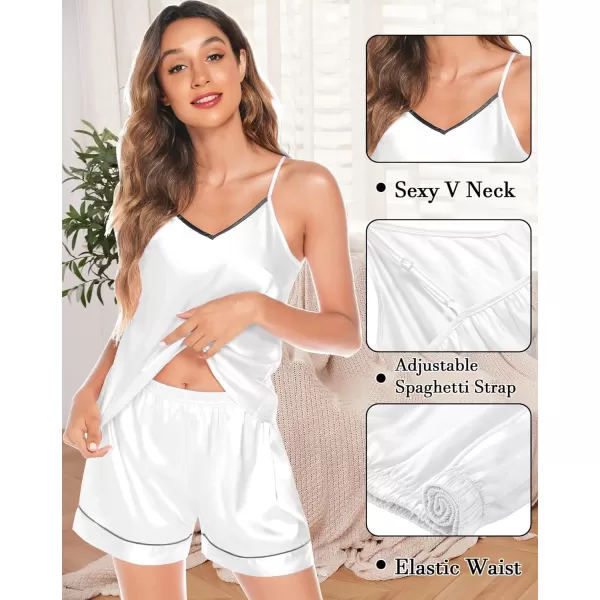 SWOMOG Womens 4pcs Pajama Set Silk Satin Sleepwear Button Down Long Sleeve Loungewear Sexy Cami Pjs NightwearWhite