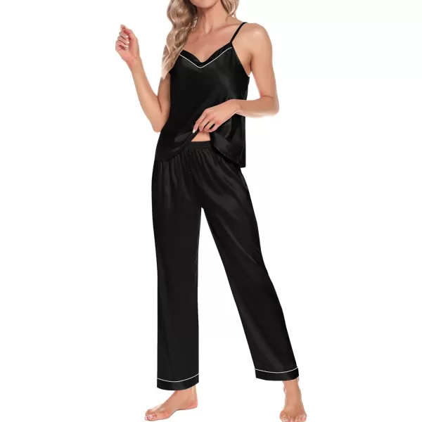 SWOMOG Womens 4pcs Pajamas Sets Short Sleeve Camisole with Button Down Shirt Pjs Silk Satin Sleepwear LoungewearBlack