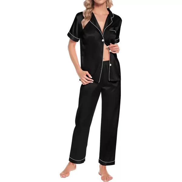 SWOMOG Womens 4pcs Pajamas Sets Short Sleeve Camisole with Button Down Shirt Pjs Silk Satin Sleepwear LoungewearBlack