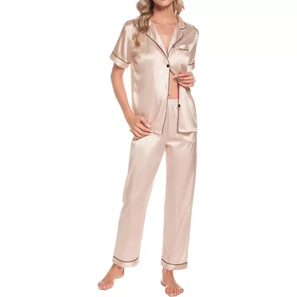 SWOMOG Womens 4pcs Pajamas Sets Short Sleeve Camisole with Button Down Shirt Pjs Silk Satin Sleepwear LoungewearChampagne