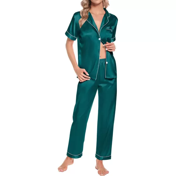 SWOMOG Womens 4pcs Pajamas Sets Short Sleeve Camisole with Button Down Shirt Pjs Silk Satin Sleepwear LoungewearGreen