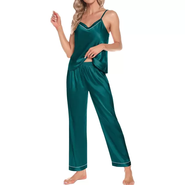 SWOMOG Womens 4pcs Pajamas Sets Short Sleeve Camisole with Button Down Shirt Pjs Silk Satin Sleepwear LoungewearGreen