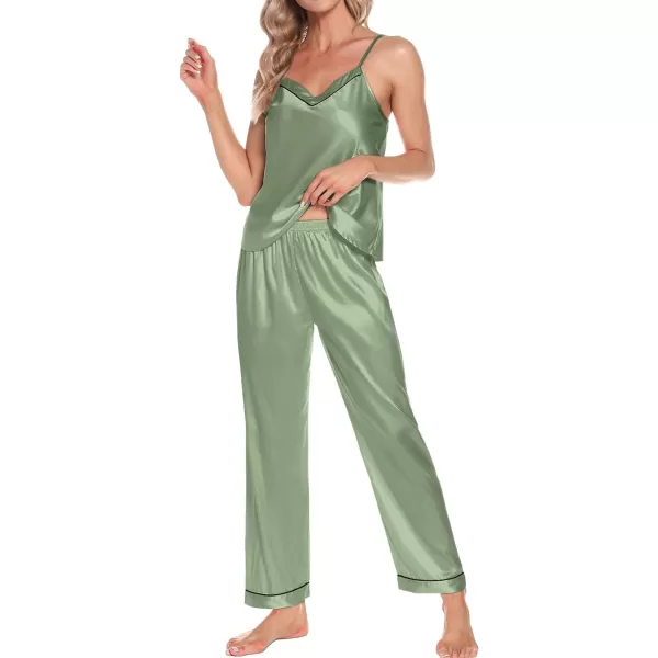 SWOMOG Womens 4pcs Pajamas Sets Short Sleeve Camisole with Button Down Shirt Pjs Silk Satin Sleepwear LoungewearMatcha