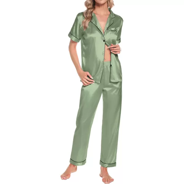 SWOMOG Womens 4pcs Pajamas Sets Short Sleeve Camisole with Button Down Shirt Pjs Silk Satin Sleepwear LoungewearMatcha