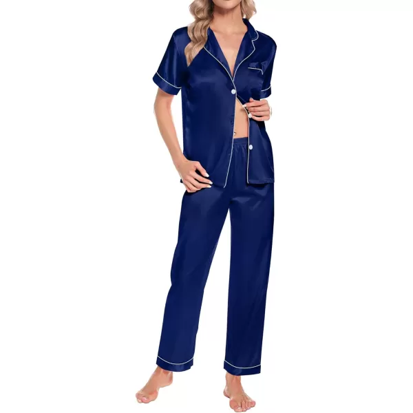 SWOMOG Womens 4pcs Pajamas Sets Short Sleeve Camisole with Button Down Shirt Pjs Silk Satin Sleepwear LoungewearNavy Blue