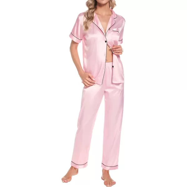 SWOMOG Womens 4pcs Pajamas Sets Short Sleeve Camisole with Button Down Shirt Pjs Silk Satin Sleepwear LoungewearPink