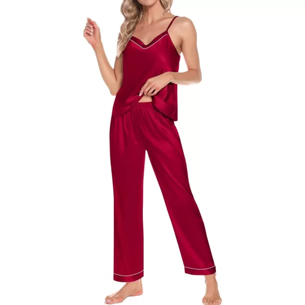 SWOMOG Womens 4pcs Pajamas Sets Short Sleeve Camisole with Button Down Shirt Pjs Silk Satin Sleepwear LoungewearRed