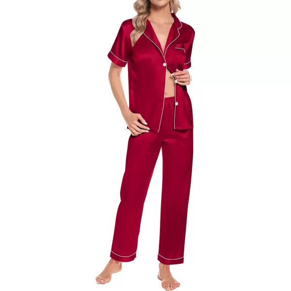 SWOMOG Womens 4pcs Pajamas Sets Short Sleeve Camisole with Button Down Shirt Pjs Silk Satin Sleepwear LoungewearRed