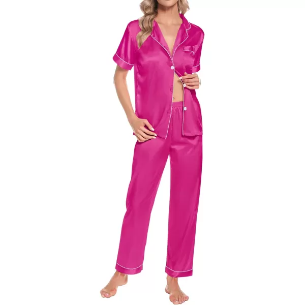 SWOMOG Womens 4pcs Pajamas Sets Short Sleeve Camisole with Button Down Shirt Pjs Silk Satin Sleepwear LoungewearRose Red