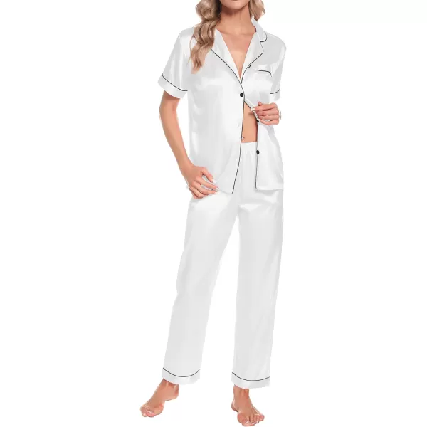 SWOMOG Womens 4pcs Pajamas Sets Short Sleeve Camisole with Button Down Shirt Pjs Silk Satin Sleepwear LoungewearWhite